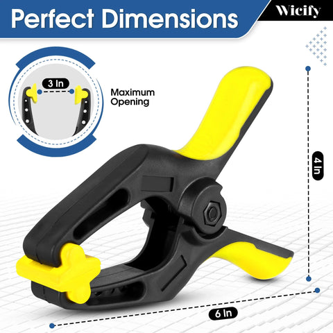 Front view of 6-inch heavy-duty plastic spring clamp, black with yellow handles, pack of 4