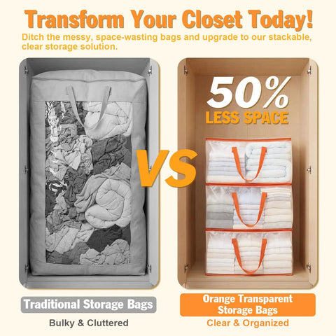 Comparison of Extra Large Clear Moving Bags 2 Pack with reinforced handles and traditional storage bags showing space efficiency