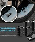5 Pack Aluminum Alloy Tire Valve Stem Caps For Hyundai Elantra Sonata Tucson Santa Fe Genesis Equus Azella Cars, shown on wheel in black anodized finish