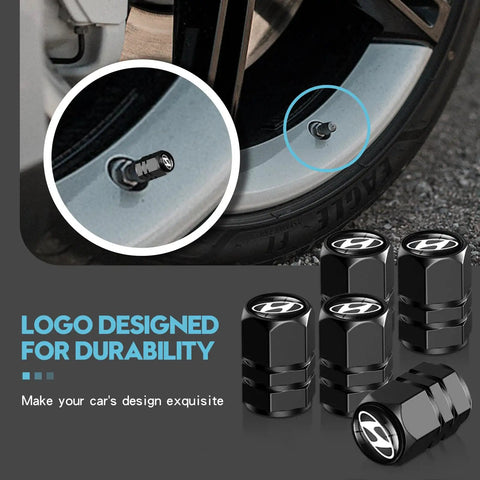 5 Pack Aluminum Alloy Tire Valve Stem Caps For Hyundai Elantra Sonata Tucson Santa Fe Genesis Equus Azella Cars, shown on wheel in black anodized finish