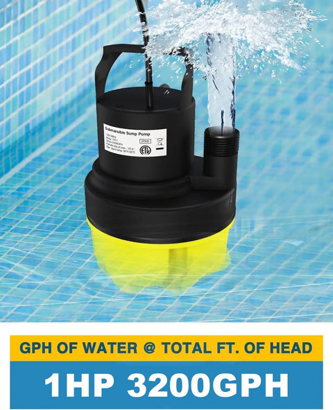 Beefy 1 HP Submersible Sump Pump, 3200 GPH Portable Utility Water Pump in action in a pool, showcasing water flow