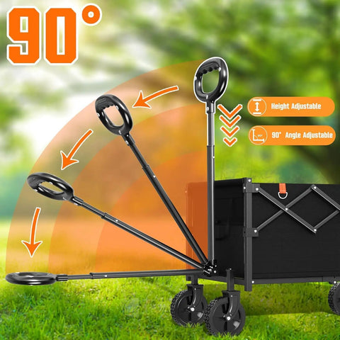 Foldable Lightweight Utility Wagon Cart With Wheels For Grocery Shopping Camping Beach Garden And Sports Black Heavy Duty Collapsible Wagon That Hauls Up To 360 Lbs in adjustable handle view