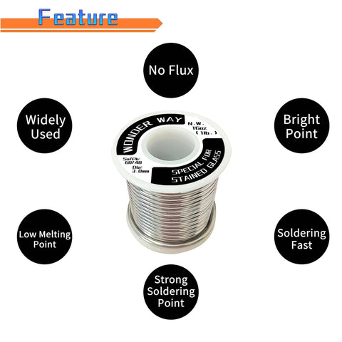 Stained Glass Solder Wire 60/40 No Flux Core For Copper Foil Tiffany Lamps And Glass Repairs, 3.0mm Diameter, 16oz Spool