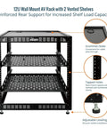 12U Open Frame Network Rack For IT And AV Gear Floor Standing Or Wall Mounted With Two 1U Shelves And Mounting Hardware 19 Inch