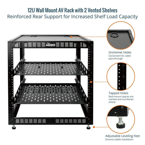 12U Open Frame Network Rack For IT And AV Gear Floor Standing Or Wall Mounted With Two 1U Shelves And Mounting Hardware 19 Inch