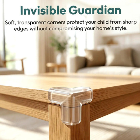 Four Pack PVC Corner Guards for Furniture and Tables on wooden table, kid-safe homes, prevent bumps and injuries