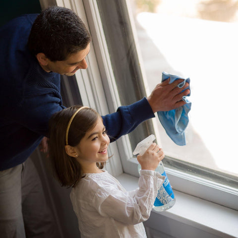 Child using Streak Free Glass Cleaner Spray For Windows, Mirrors, Screens And Shower Doors, Removes Fingerprints Dust And Dirt, with adult