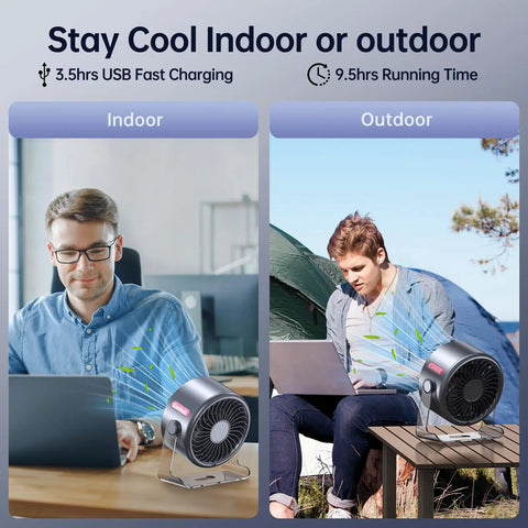 Man using Desk Fan For Bedroom And Office With 100 Speed Levels and Digital Display Quiet Portable USB Fan indoors and outdoors