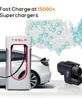 Upgraded NACS to CCS Adapter With 500A 1000V Fast Charge For Tesla Supercharging, with Tesla Supercharger and map.