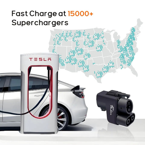 Upgraded NACS to CCS Adapter With 500A 1000V Fast Charge For Tesla Supercharging, with Tesla Supercharger and map.