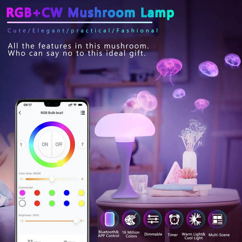 Smart RGB mushroom lamp with app-controlled color settings, dimmable features, and Bluetooth connectivity displayed on a table.