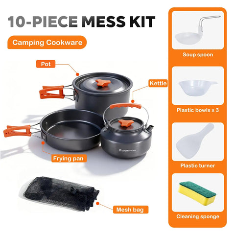 10 Piece Camping Cookware Set with 2L pot, 0.8L fry pan, 1.1L kettle, bowls, spoon, turner, sponge, and mesh bag for outdoor meals