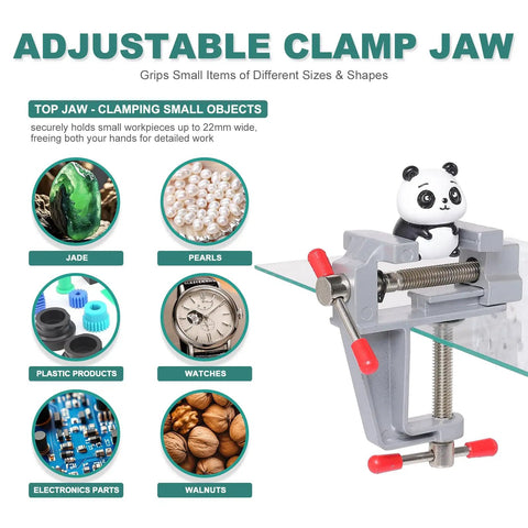 Portable Mini Bench Vice With Adjustable Table Clamp Vise For Precision Fixes, holding small items like jade and pearls.