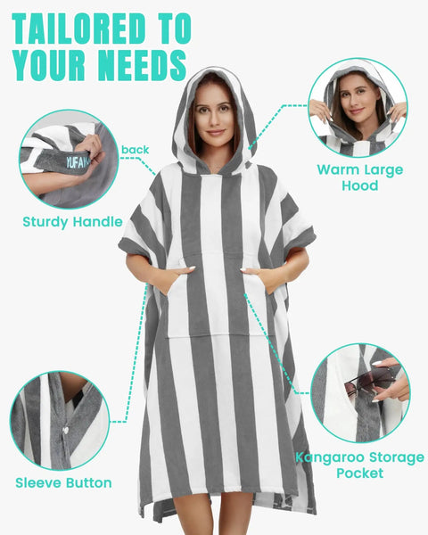 Striped Hooded Surf Poncho Towel For On The Go Privacy Women Men Changing Robe With Front Kangaroo Pocket Beach Gear.
