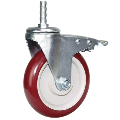 Bad Boy Heavy Duty 5 Inch Swivel Stem Casters 900 Lbs Capacity 360 Slick Rolling Wheels With Dual Safety Locks For Utility Carts And Gear Transfers Pack Of Four Bold Red close-up image of caster wheel with swivel stem and red rubber tread.