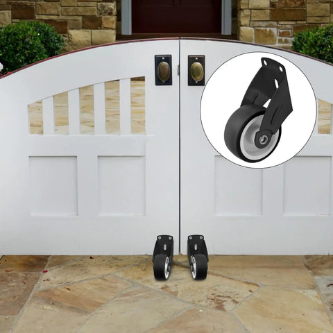 Heavy Duty Gate Wheels For Wooden And Metal Gates Adjustable Gate Casters installed on white double doors