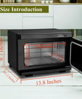 Pro 8L Towel Warmer For Salon And Spa, interior view showing dimensions inside a black metal unit on a salon floor