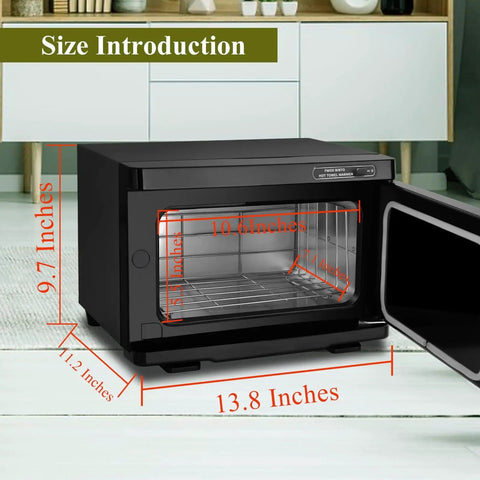 Pro 8L Towel Warmer For Salon And Spa, interior view showing dimensions inside a black metal unit on a salon floor