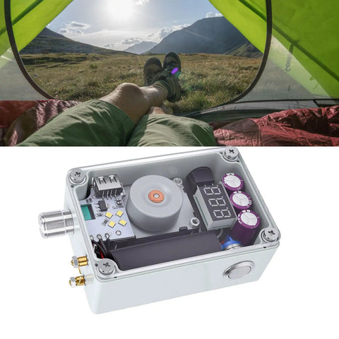 Hand Crank Generator Portable Emergency USB Charger With COB Light And Ignition Tool Red LCD Display in camping tent scene