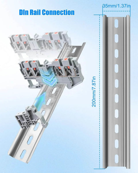 Twin Spring Din Rail Terminal Block Kit with Push In Screwless Wires on 35mm DIN rail, detailed with measurements