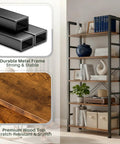 Industrial 5 Tier Bookshelf With Sturdy Metal Frame And Open Wooden Shelves Free Standing Bookcase For Living Room Bedroom And Office Heavy Duty Display Rack 62.2 Inches Tall Brown, showcasing metal frame and wood shelves detail.