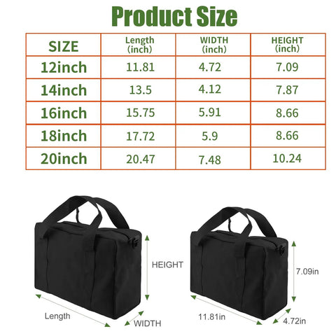 Close Top Wide Mouth Canvas Tool Organizer Bag With Large Capacity For Home And Garage Storage The Go To For Screwdrivers, Wrenches, Pliers And Other Hand Tools, 12 Inch Portable Tool Tote You Can Take Anywhere, size chart and two bags shown.