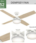 52 Inch Dempsey Brushed Nickel Ceiling Fan With Led Light Kit And Handheld Remote Reversible Motor For Seasonal Comfort No Fuss Install With Three Position Mounting System with light wood finish blades and central LED light.