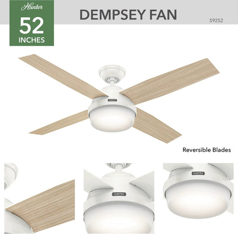 52 Inch Dempsey Brushed Nickel Ceiling Fan With Led Light Kit And Handheld Remote Reversible Motor For Seasonal Comfort No Fuss Install With Three Position Mounting System with light wood finish blades and central LED light.