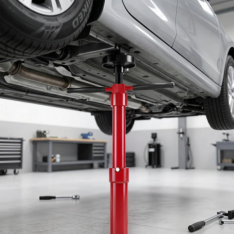 Heavy Duty Underhoist Support Stand With Dual Height Adjustments For Car Lifts And Garage Jobs Up To Three Quarter Ton Capacity supports a vehicle.