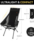 Ultra Lightweight Portable High Back Camping Chair With Head Support 440 Lbs Capacity shown folded and unfolded, dimensions listed