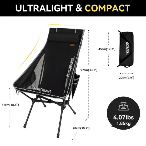 Ultra Lightweight Portable High Back Camping Chair With Head Support 440 Lbs Capacity shown folded and unfolded, dimensions listed