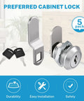 Five Eighth Inch Cabinet Cam Lock Set Keyed Alike Five Pack Cylinder Locks For File Drawers Desks Mailboxes RV Compartments And Tool Boxes Chrome Finish Zinc Alloy Built To Last. Image shows cam lock with two keys.