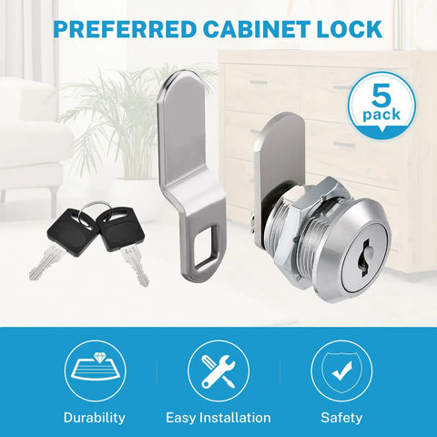 Five Eighth Inch Cabinet Cam Lock Set Keyed Alike Five Pack Cylinder Locks For File Drawers Desks Mailboxes RV Compartments And Tool Boxes Chrome Finish Zinc Alloy Built To Last. Image shows cam lock with two keys.