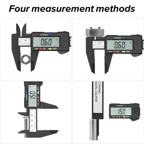 Handy Digital Caliper With Inch To Millimeter Conversion Extra Large LCD Screen showing four measurement methods