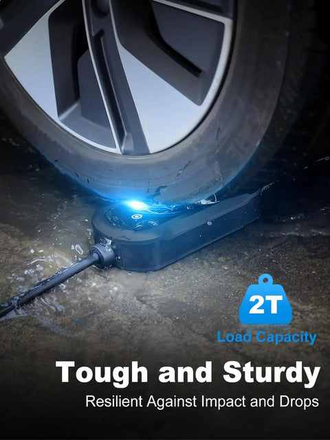 Level 2 EV Charger 32A Portable J1772 With Beefy 25 Ft Cable 110-240V under car tire demonstrating durability
