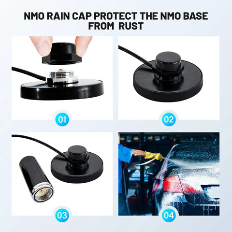 Four images showing 3.5 Inch NMO Dual Band VHF UHF Antenna With Magnetic Base And Coax Cable for rust protection and installation