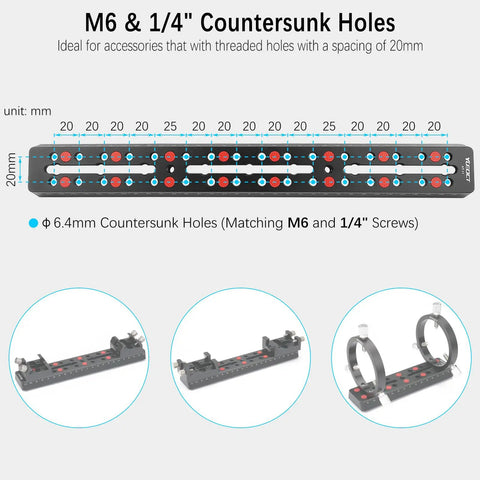 Diagram showing Vixen Style Dovetail Telescope Mounting Plate 350mm Rail Bar with M6 and 1/4 inch screws and slot mounting holes.