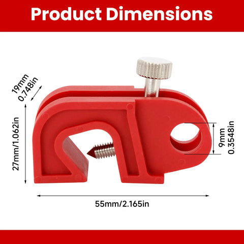 Red circuit breaker lockout with dimensions, part of Must Have 20 Piece Circuit Breaker Lockout Device Kit Universal Lockout Tagout Loto