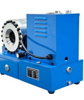 Top Shelf Heavy Duty Electric Hydraulic Hose Crimper With Killer Five Ton Punch And Lightning Fast Eight Die Swap Kit For Zero Hassle 110V Garage Service On Six To Twenty Eight Millimeter Tubing close-up view of blue electric hydraulic hose crimper.