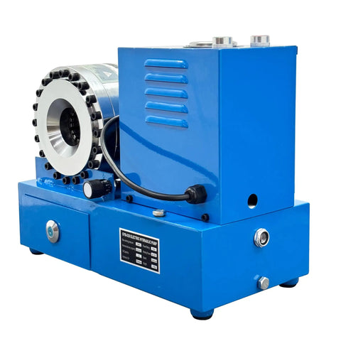Top Shelf Heavy Duty Electric Hydraulic Hose Crimper With Killer Five Ton Punch And Lightning Fast Eight Die Swap Kit For Zero Hassle 110V Garage Service On Six To Twenty Eight Millimeter Tubing close-up view of blue electric hydraulic hose crimper.