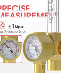 YesWelder gas regulator with flow meter for welding; brass body, dual gauges, vertical flow tubes.