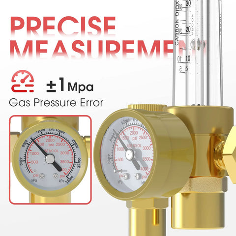 YesWelder gas regulator with flow meter for welding; brass body, dual gauges, vertical flow tubes.