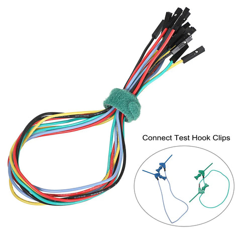 10 Piece Mini SMD IC Test Hook Clip Kit with five color silicone jumpers for logic analyzers and multimeters electrical testing.