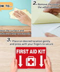 Red First Aid Kit sign decal (adhesive vinyl), 10 x 7 inches, shown in a step-by-step install collage.