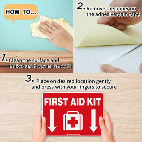 Red First Aid Kit sign decal (adhesive vinyl), 10 x 7 inches, shown in a step-by-step install collage.