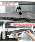 Close-up of stainless steel pegboard upper cabinet with lock, showing removable divider on 72 Inch Rolling Tool Cabinet With 15 Drawers Mobile Workbench Chest Stainless Steel Pegboard Upper Cabinets Four Locking Wheels Built In Outlets And USB Ports Pro Grade Heavy Duty Garage Storage Solution.