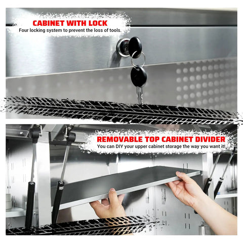 Close-up of stainless steel pegboard upper cabinet with lock, showing removable divider on 72 Inch Rolling Tool Cabinet With 15 Drawers Mobile Workbench Chest Stainless Steel Pegboard Upper Cabinets Four Locking Wheels Built In Outlets And USB Ports Pro Grade Heavy Duty Garage Storage Solution.