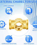 Material characteristics of Brass Four Way NPT Female Cross Fitting With Four One Quarter Inch Ports showing longevity, resistance, and durability.
