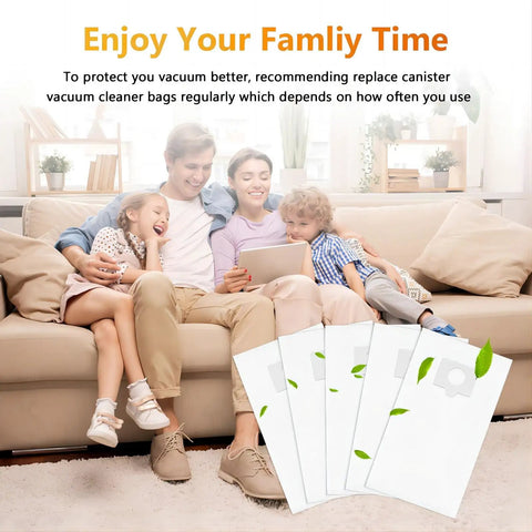 Family on couch with 5 Layer HEPA Cloth Vacuum Bag Replacement For Canister Vacuums 5055 50557 50558 in foreground.