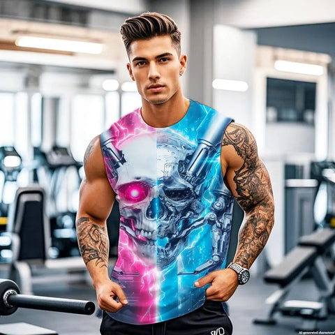 Men's 3D Skull Sleeveless Muscle Tank Top Making Your Workout Look Fresh With Super Soft Moisture Wicking Fabric Quick Dry Technology Hella Breathable For Summer Beach Vibes Or Heavy Lifting Sessions Daily worn by a muscular man in a gym setting.